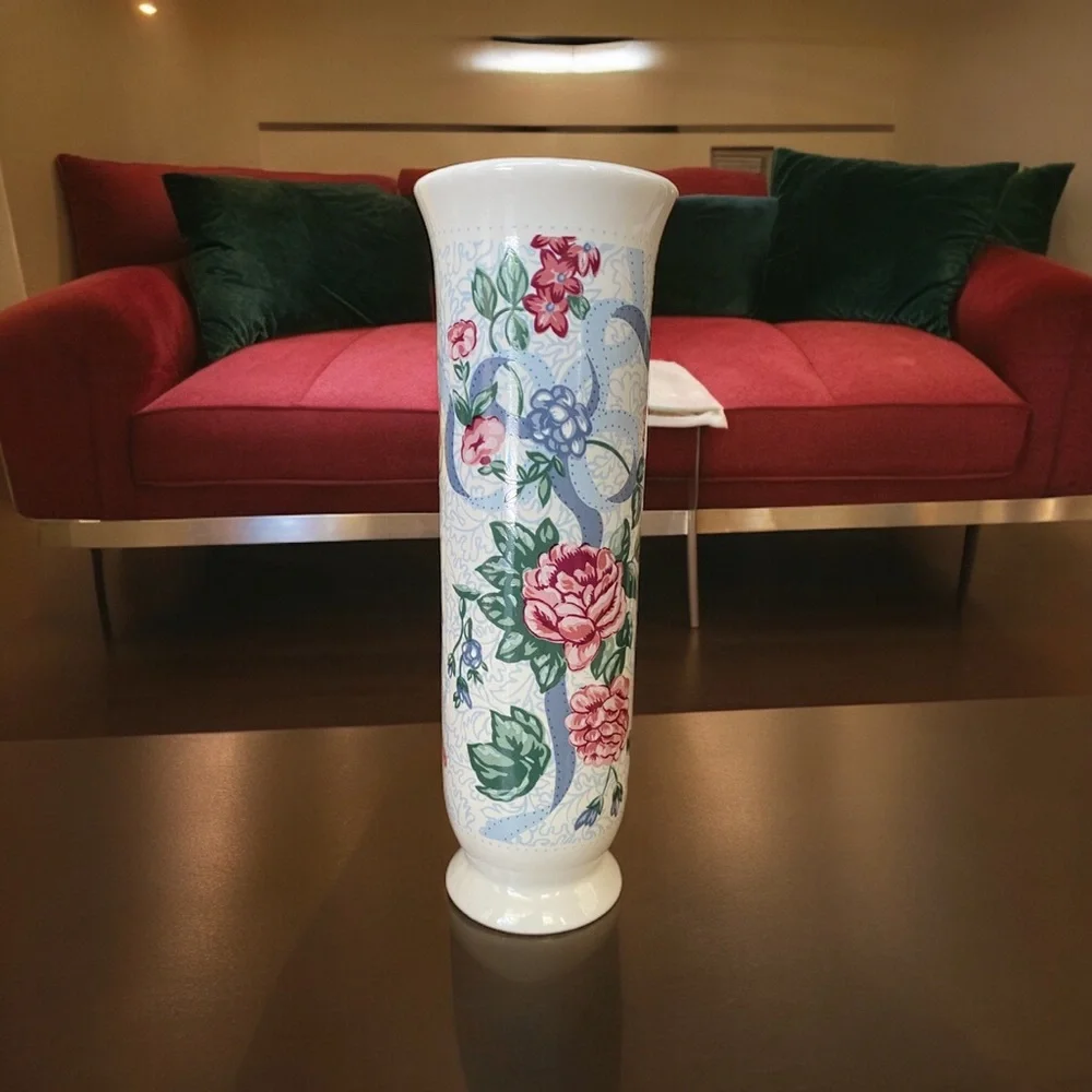 Vintage 1980s Floral Ceramic Bud Vase Pink Roses Blue Ribbon Cottagecore Coquett